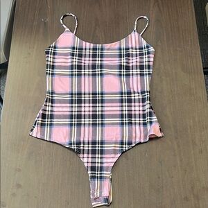 Plaid Bodysuit Medium Pink Clueless 90s Spaghetti Strap Stretch